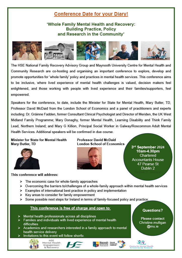 HSE Mental Health Engagement and Recovery (@mher_ire) on Twitter photo <a href="/MHER_Ire/">HSE Mental Health Engagement and Recovery</a> in partnership with <a href="/CMHCR_maynooth/">MU Centre for Mental Health & Community Research</a> are delighted to share a save the date for our #family #recovery #conference on Tuesday 03rd Sept 24 in Chartered Accountants House, Dublin. Guests include <a href="/MaryButlerTD/">Mary Butler TD</a>. Booking details to follow!! #engagedinrecovery <a href="/MHER_Ire/">HSE Mental Health Engagement and Recovery</a> in partnership with <a href="/CMHCR_maynooth/">MU Centre for Mental Health & Community Research</a> are delighted to share a save the date for our #family #recovery #conference on Tuesday 03rd Sept 24 in Chartered Accountants House, Dublin. Guests include <a href="/MaryButlerTD/">Mary Butler TD</a>. Booking details to follow!! #engagedinrecovery