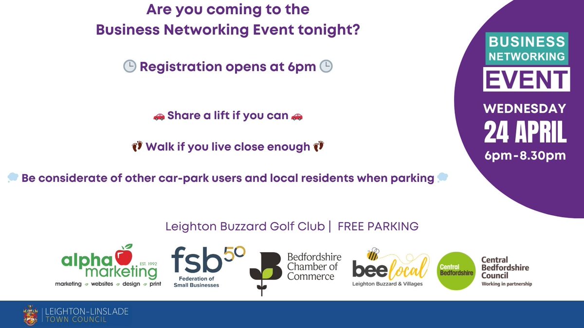LLTCNews's tweet image. Coming to the Business Networking Event at Leighton Buzzard Golf Club tonight? Arrive from 6pm, share lifts or walk where possible and be considerate to local residents. 

#LeightonBuzzard #LeightonLinslade #NetworkingPros #SMECommunity #BusinessGrowth
