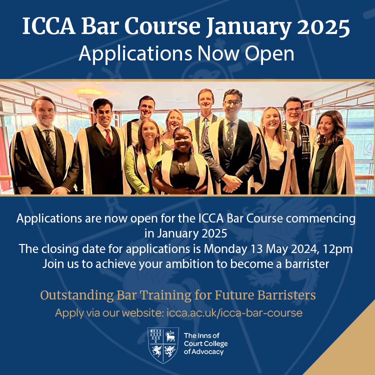 Applications are now open for the ICCA Bar Course commencing January 2025. 
Apply here: icca.ac.uk/icca-bar-cours…

#ForFutureBarristers #students #lawstudents #pupillage #barrister