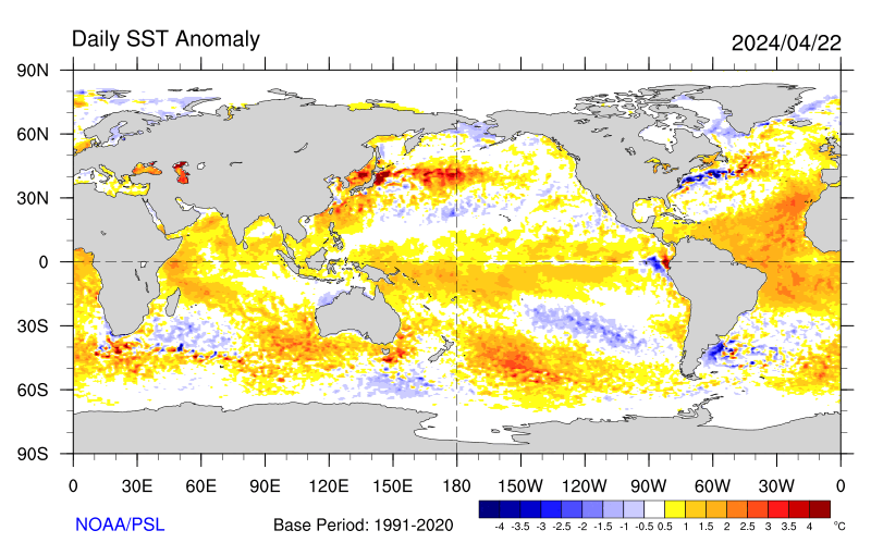 El Nino still hangs on, with a tiny spot of cold in the far east.