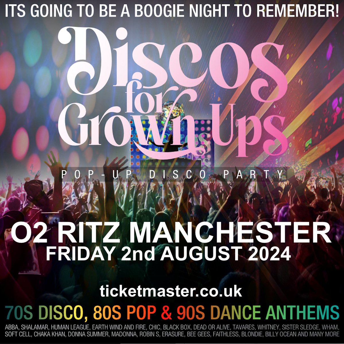 Tickets are on sale NOW for Discos for Grown Ups 70s, 80s and 90s party, right here on Fri 2 Aug 🥳 It's going to be a boogie night to remember, so get yourself glittered up for a fun, fab and feel-good night of dancing 💃 Don't miss out 👉 amg-venues.com/ENb150Rn0vm