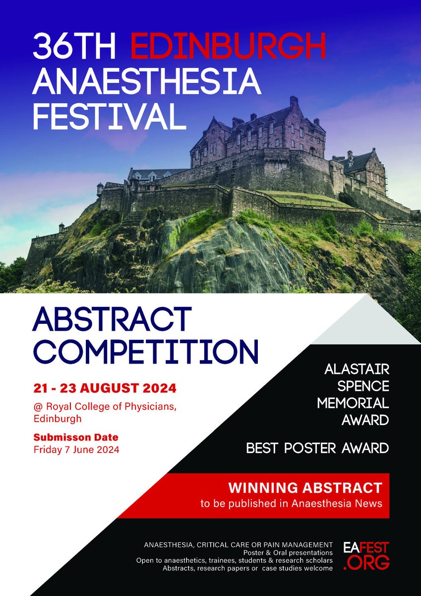 EAFestival's tweet photo. Know anyone keen to have their abstract published in the "Anaesthesia News" - a bi monthly anaesthesia journal accessed by over 10,000 anesthetists?  Let them know about this year's Edinburgh Anaesthia Festival Abstract Competition, submission 7 June. 

Abstracts submitted to other competitions welcome, open to all anaesthetists, trainees, research scholars etc.  Abstracts, research papers and case studies all welcome.  The winning abstract from this year's competition will be published (informercial) in Septembers edition and circulated within the UK and internationally.  We hope you can re-post this - it's a fantastic opportunity with £750 prize fund, 'the Alastair Spence Memorial Award' as well as entry to next year's Edinburgh Anaesthesia Festival.  

Check https://t.co/OUDlhDERJ9 for further details.
#eafest24; @AbaPhysicians @ASA_Australia @TheNZSA @glasaccs @AbdnAnaes @ediuniacc