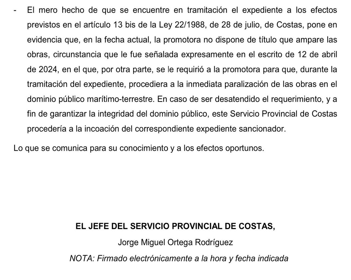 🛑 ÚLTIMA HORA 🛑 Costas vuelve a reconocer que la promotora del hotel de La Tejita NO cuenta con permiso para realizar obras en el dominio público y asegura que el 12 de abril se requirió a la constructora para que PARALIZARA inmediatamente los trabajos.