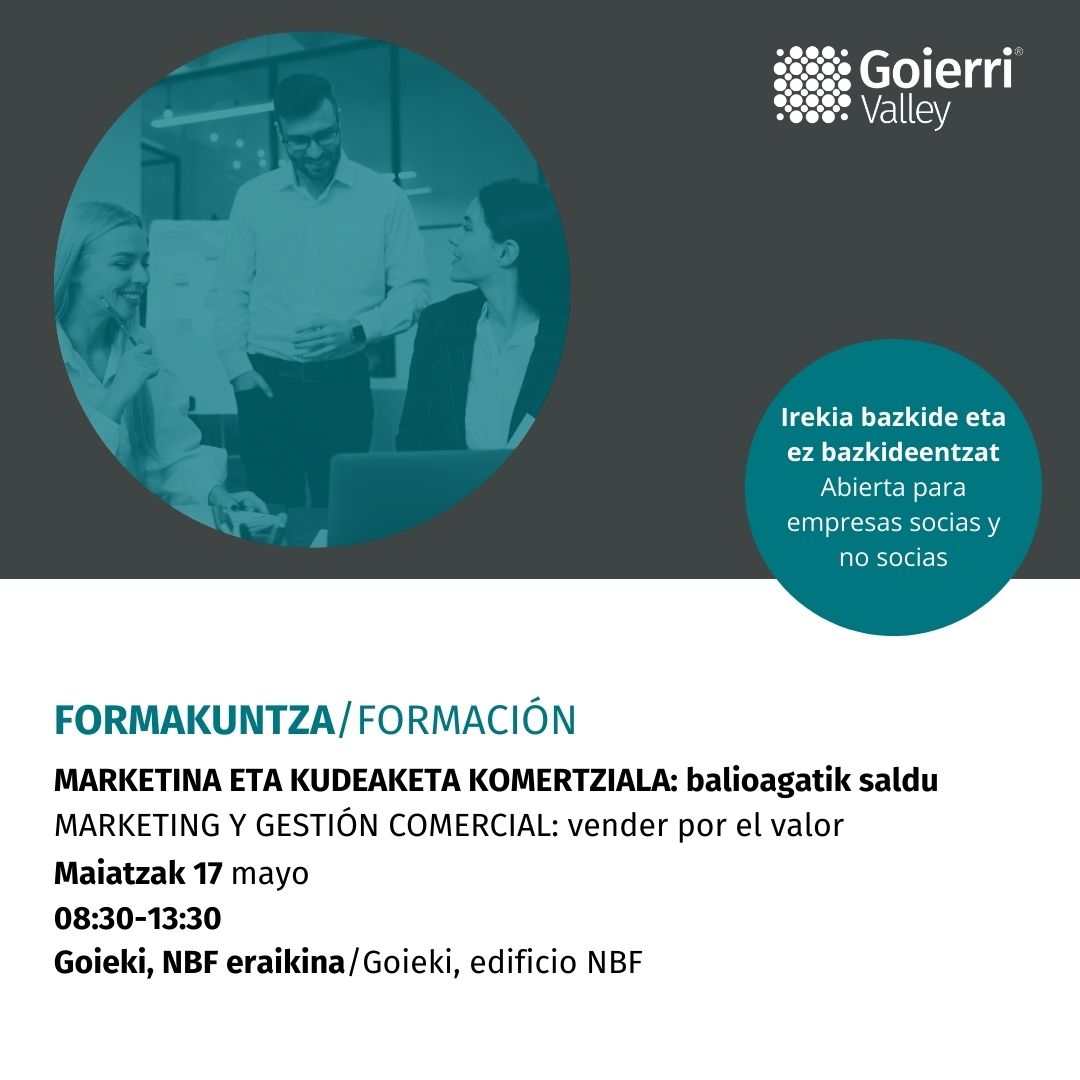 GoierriValley's tweet photo. [EUS] Salmenta eta marketineko profesionala zara? Balioagatik saltzen ikasi nahi duzu salmenten eskema tradizionala atzean utzita?

Maiatzaren 17an, ostirala, balioagatik saltzeari buruzko tailerra antolatuko dugu. 

Izen emateak  👇
https://t.co/h0qc4TAmH6 https://t.co/uZmMLAb42s