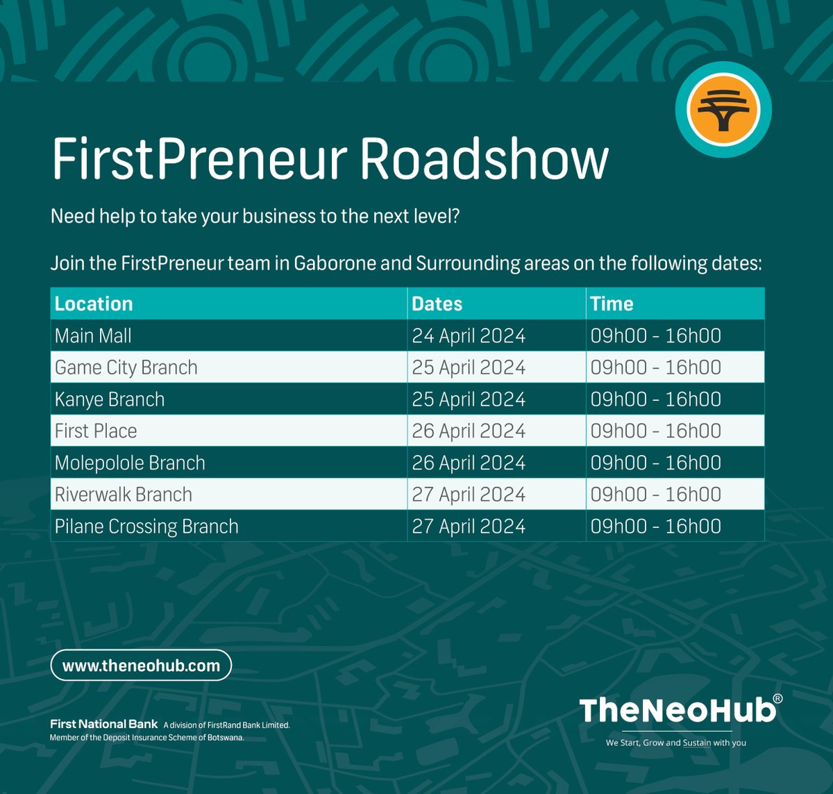 FNB_Botswana's tweet image. Need help taking your business to the next level?

Join the FirstPreneur team at the following locations for a business roadshow. 
They will be offering free consultations on April 24-27, 2024 from 9:00 AM to 4:00 PM.

#FirstPreneur
#LoveFNBB