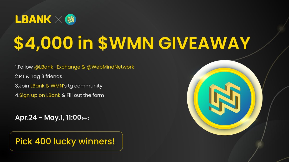 🎊 $WMN Airdrop!

🔔 Apr.24 - May.1, 11:00 (UTC)

💰 400 lucky winners share $4,000 in $WMN (250,000 WMN)！

✅Follow <a href="/LBank_Exchange/">LBank.com</a> &amp; <a href="/WebMindNetwork/">WebMind Network</a>
✅RT &amp; Tag 3 friends
✅Join: t.me/LBank_en &amp; t.me/webmindnetwork
✅Sign up on LBank &amp; Fill out: