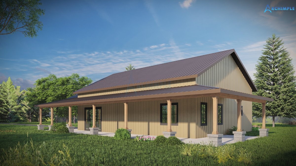 archimple_llc's tweet photo. 1772 SQFT Barndominium offers comfort and style with a wrap porch.Inside, enjoy a great room flowing into an open kitchen, 3 bedrooms and practical features like a jack-and-jill bath and rear porch utility access. for details:https://t.co/S2pyLkVvsP https://t.co/yEAvX3cwVJ