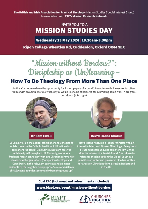 Mission Studies Day on 15th May 2024 @RiponCuddesdon - 3 weeks away. Please join us it's to be fabulous. Booking link below biapt.org/event/mission-…