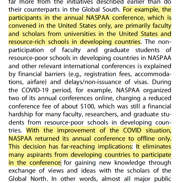 In the latest issue of @PAReview, Jim Perry and Shahjahan Bhuiyan observe that @naspaa's refusal to allow virtual participation in conferences results in the exclusion of the Global South 1/2