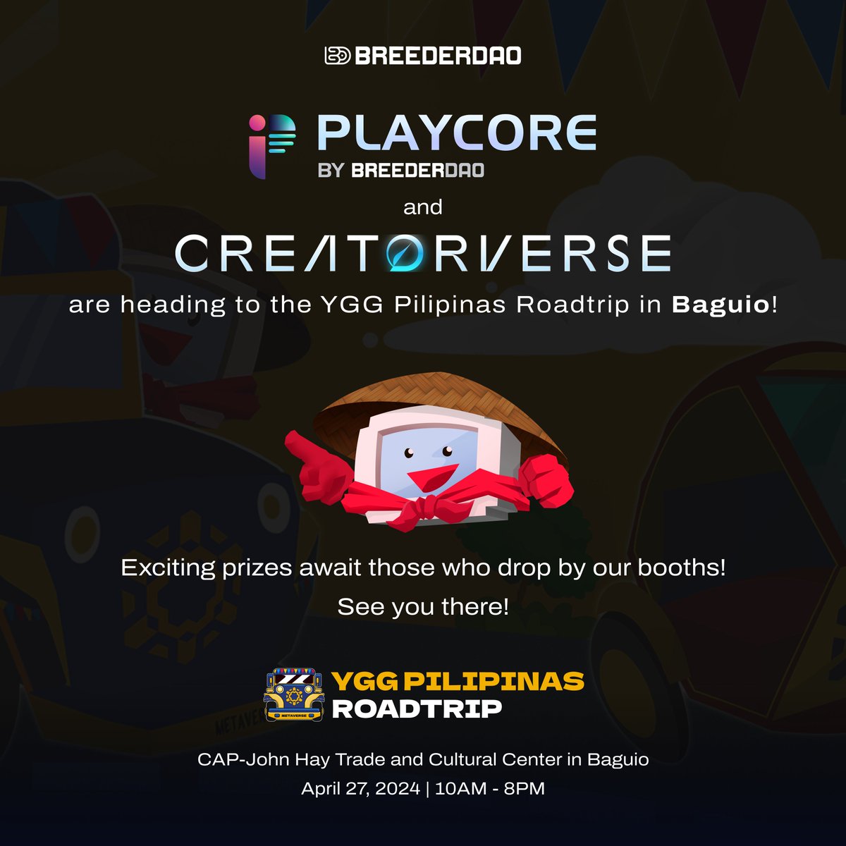𝗔𝘁𝘁𝗲𝗻𝘁𝗶𝗼𝗻 𝗪𝗲𝗯𝟯 𝗲𝗻𝘁𝗵𝘂𝘀𝗶𝗮𝘀𝘁𝘀 📢❗

Touch grass and join @playcore_io and @creatorverse_gg at the @YGGphroadtrip this coming Saturday in Baguio 🫡

Drop by our booths and get a chance to win amazing gifts we have for you 🎁

We’ll be at the CAP-John Hay Trade
