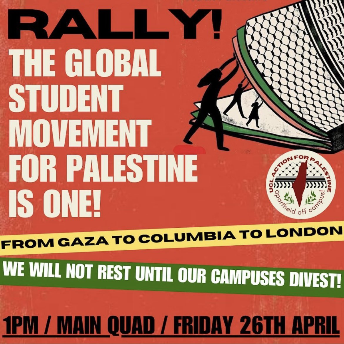 🚨📢RALLY THIS FRIDAY! 1pm @ MAIN QUAD 🍉🇵🇸 Our successful occupation forced the provost to agree to meet us on Friday afternoon. Let’s send him into the meeting knowing that the UCL community will always stand with Palestine. We won’t be intimidated, until we’re liberated✊🏼✊🏾✊🏿