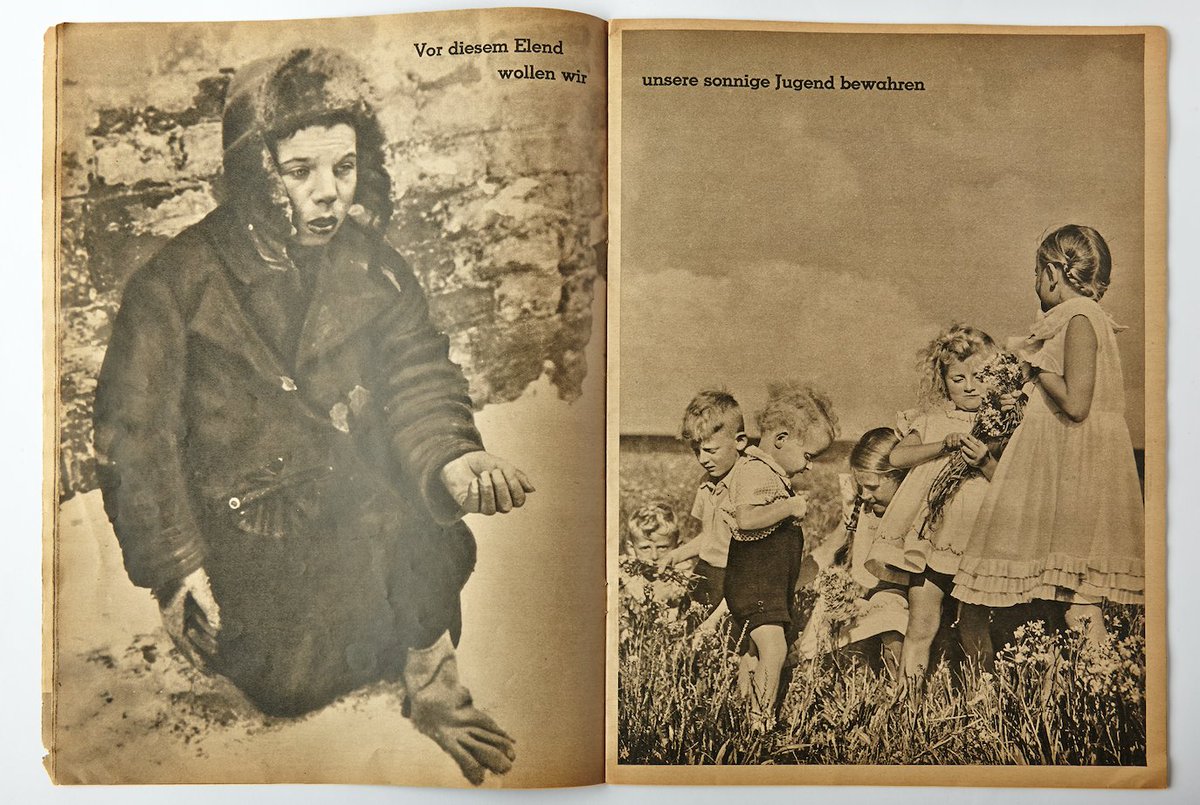 Soviet begging child and German children, Der Untermensch (The Subhuman), 1942. The caption reads: “From this misery we seek…to protect our sunny youth.” The “misery” referred to is the alleged fate of Russian children under Judeo-Bolshevik rule. 

#NotlongagoNotfaraway