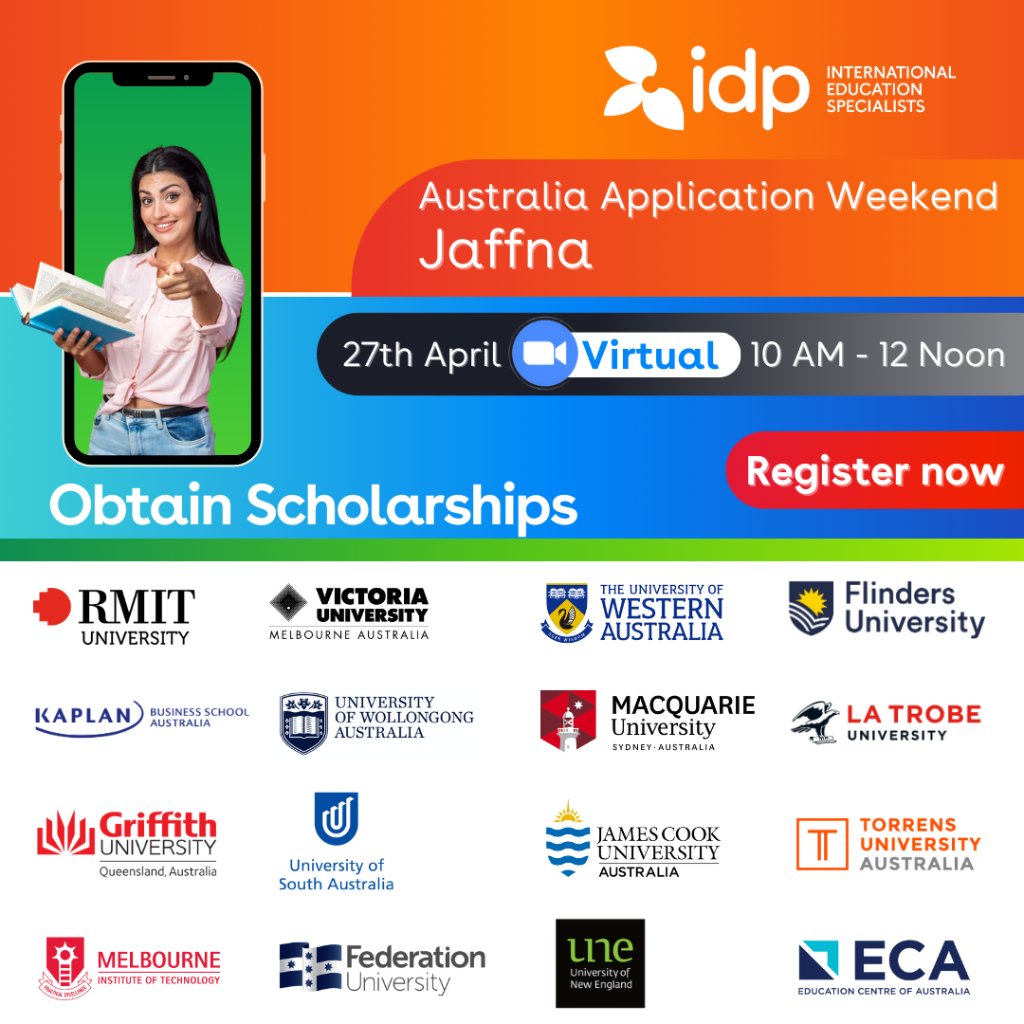 Attention Students!
Dreaming of studying in Australia? 🇦🇺✈️ Don't miss IDP's Australia Open Day on April 28th at IDP Office Colombo🎓

Register now: events.register.idp.com/registration/s… 

#IDPAustraliaOpenDay #StudyinAustralia #ColomboStudents #IDPSriLanka