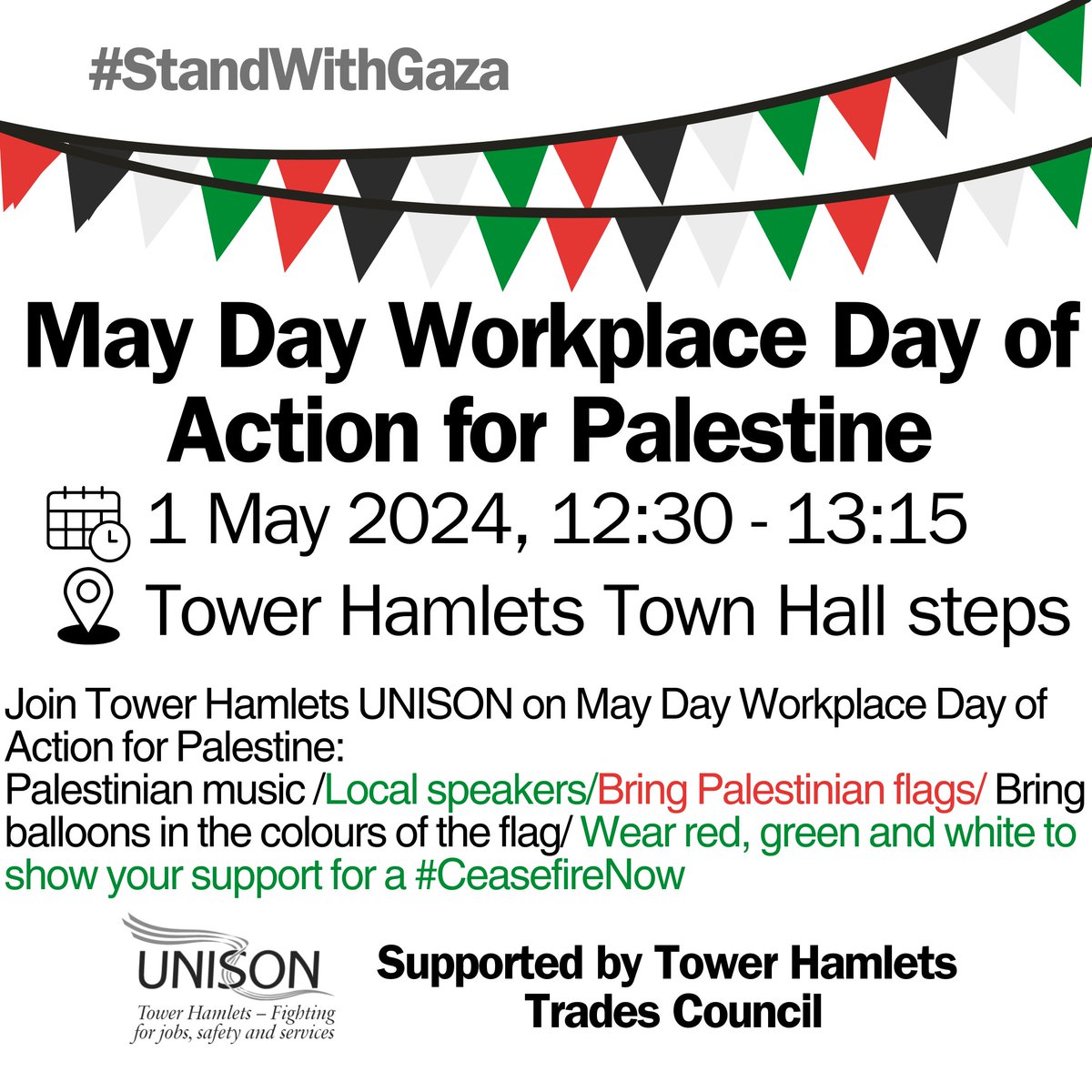 Next week is May Day Workplace Day of Action! We will be holding a rally on the front steps of the town hall at 12:30, come down and join us to call for a #ceasefirenow 📢Please share onwards with your colleagues! #unison #towerhamletsunison @TowerHamletsTC