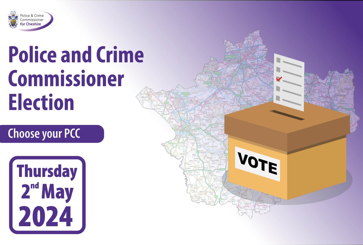 You can have your say on policing by voting for your Police and Crime Commissioner on 2 May More information 👉 cheshire-pcc.gov.uk/election-2024/