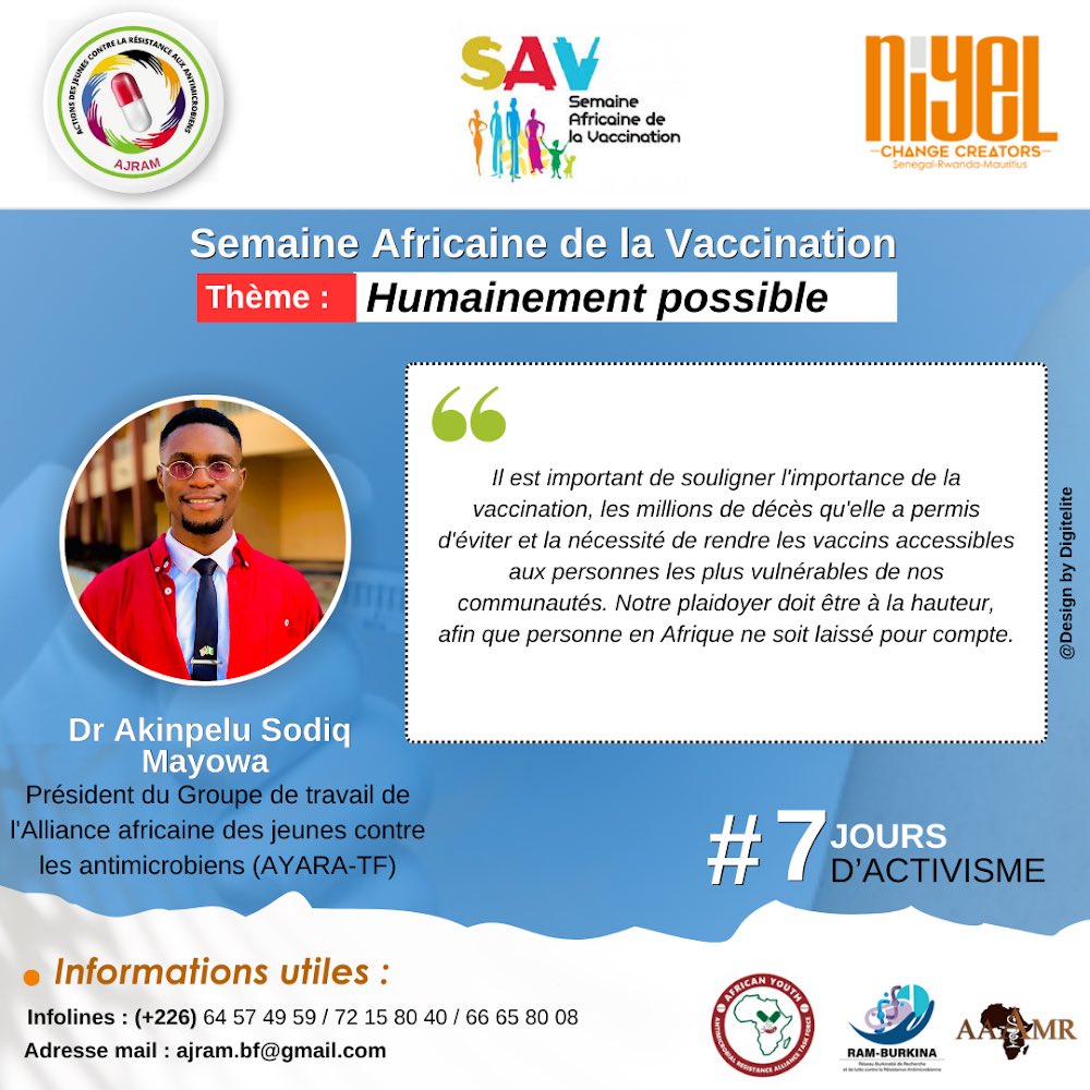 [ SEMAINE AFRICAINE DE LA VACCINATION ] 

A l’Occasion de la Semaine Africaine de la Vaccination Dr Akinpelu Sodiq Mayowa , Président du groupe de travail de l’alliance Africaine des jeunes contres les Antimicrobiens , nous invite à nous engager aux côtés de AJRAM et NIYEL.
