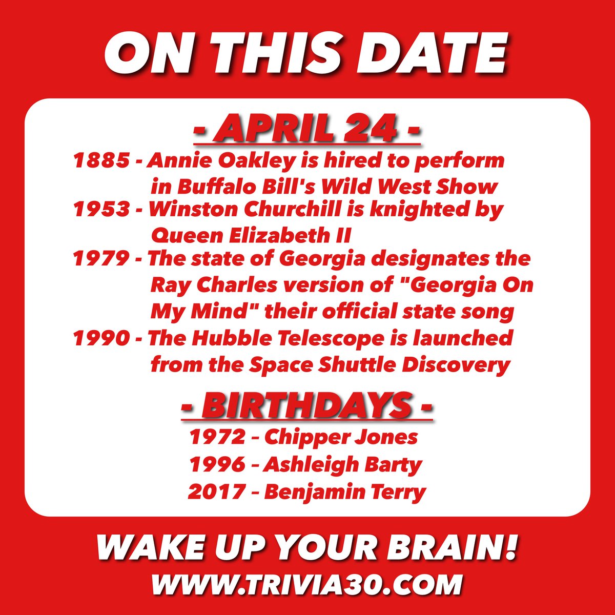 Your 4/24 OTD... Join us at Tidewater Grill or Disco Witch, and have a great Wednesday! #trivia30 #wakeupyourbrain #OnThisDay #AnnieOakley #BuffaloBill #WinstonChurchill #QueenElizabeth #Georgia #RayCharles #Hubble #NASA #ChipperJones #Braves #AshleighBarty #tennis #BenjaminTerry
