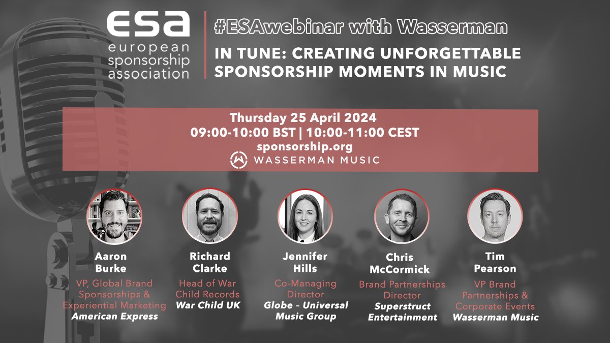 ⚠ IT'S A SELL-OUT ⚠ If you haven't registered for tomorrow's #ESABreakfast w/ Wasserman Music, we are now at full capacity but we'd love you to join us online & participate via #ESAwebinar 📱 👉 bit.ly/4devzQo ⏰ 9-10am BST ⏰ 10-11am CEST #music #sponsorship