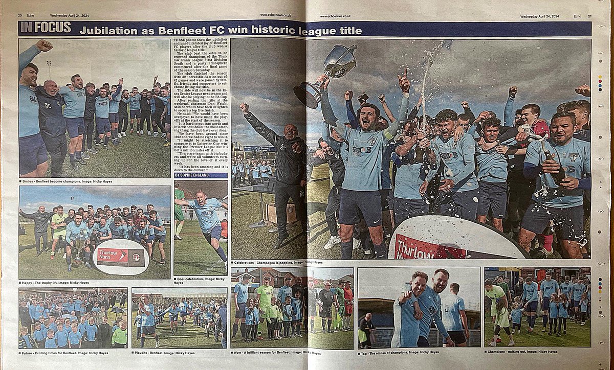 A superb double page centre spread in today's @Essex_Echo by @Sophie_England_ on @Benfleet_FC and their @ThurlowNunnL Div 1 South title. Well done to everybody concerned. #LovePhotography