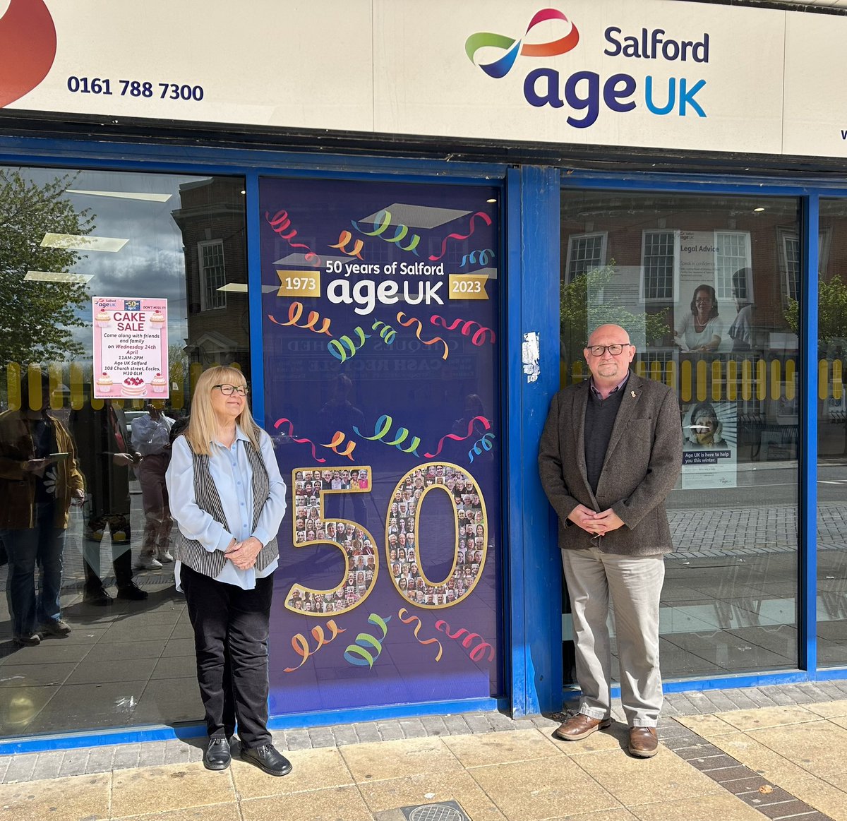 If you’re out and about in Eccles today, come along to @AgeUKSalford for their cake sale! Age UK Salford are celebrating 50 years of making a difference in our community, come and join in the celebration, grab a cake and make a donation!🧁🍰💫
