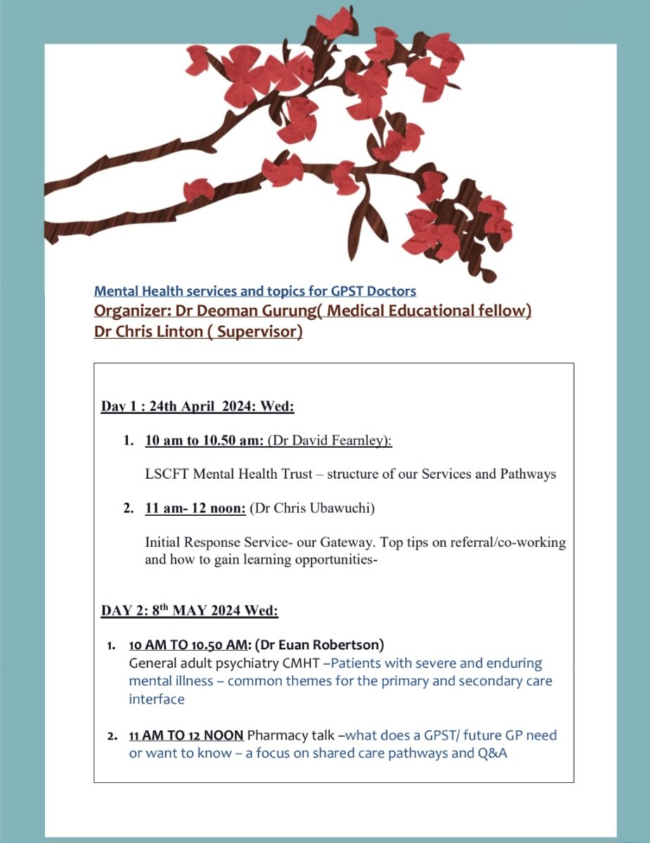 Thank you, Dr. David fearney and Dr. Ubawuchi, for wonderful talk. Building and gapping bridge between mental health services and future Gp. Next session 8th May. @LSCFTMedEd @LSCFTMedics @rcpsych