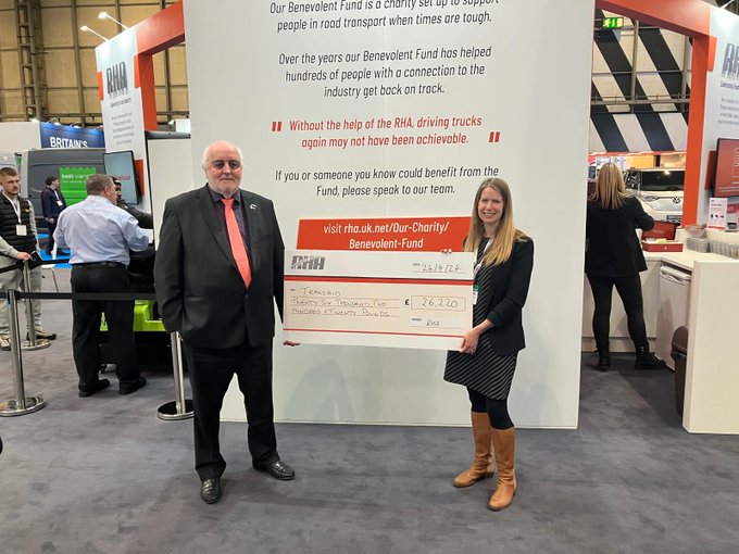 Bill Hockin, RHA board member with Caroline Barber from @TransaidOrg. We are delighted to present Transaid with a cheque for more than £26k from member donations. The transport charity do fantastic work transforming lives in #Africa #CVShow