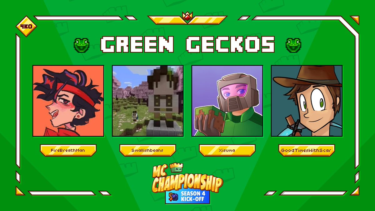 👑 Announcing team Green Geckos!👑 @FireBreathMan @Smallishbeans @xisumavoid @GTWScar Watch them in MCC on Saturday 4th May at 8pm BST!