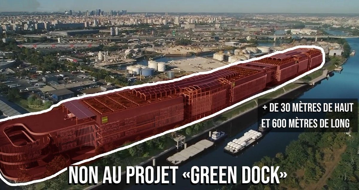 Dans les banlieues chics et au coeur de Paris, Emmanuel Macron fait des promesses de baignade sur Seine en vue des JOP...mais en banlieue nord on nous balance un projet d'entrepôt routier géant sur les berges ! Stop au projet 'Greendock' ❌ Stop au racisme environnemental ✊