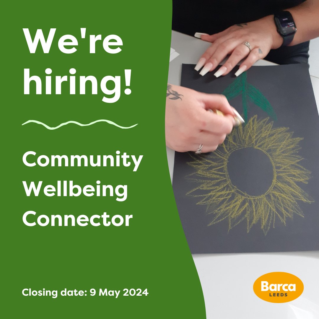 We're hiring!
Now recruiting a Community Wellbeing Connector to join our team in West Leeds.
We're looking for someone passionate about supporting people to achieve better mental health and wellbeing, increasing independence and supporting recovery.
joinus.barca-leeds.org/jobs/4101192-c…