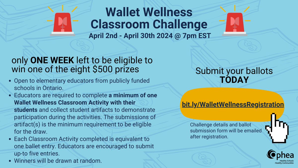 opheacanada's tweet photo. 🚨 It’s the last week for our #WalletWellness #ClassroomChallenge! To be eligible for 1 of 8 $500 cash prize draws, educators must complete at least one Wallet Wellness Classroom Activities with their students.

There’s still time to register: 🔗https://t.co/01IODNbmbH https://t.co/dbp3atYvo8