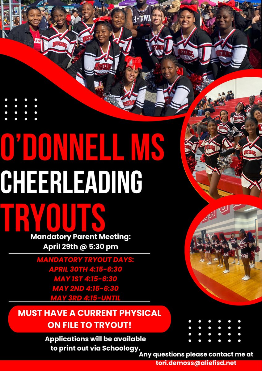 ODMS Cheer tryouts are coming up!! We are excited to welcome all interested students to the interest meeting on Monday, April 29th.