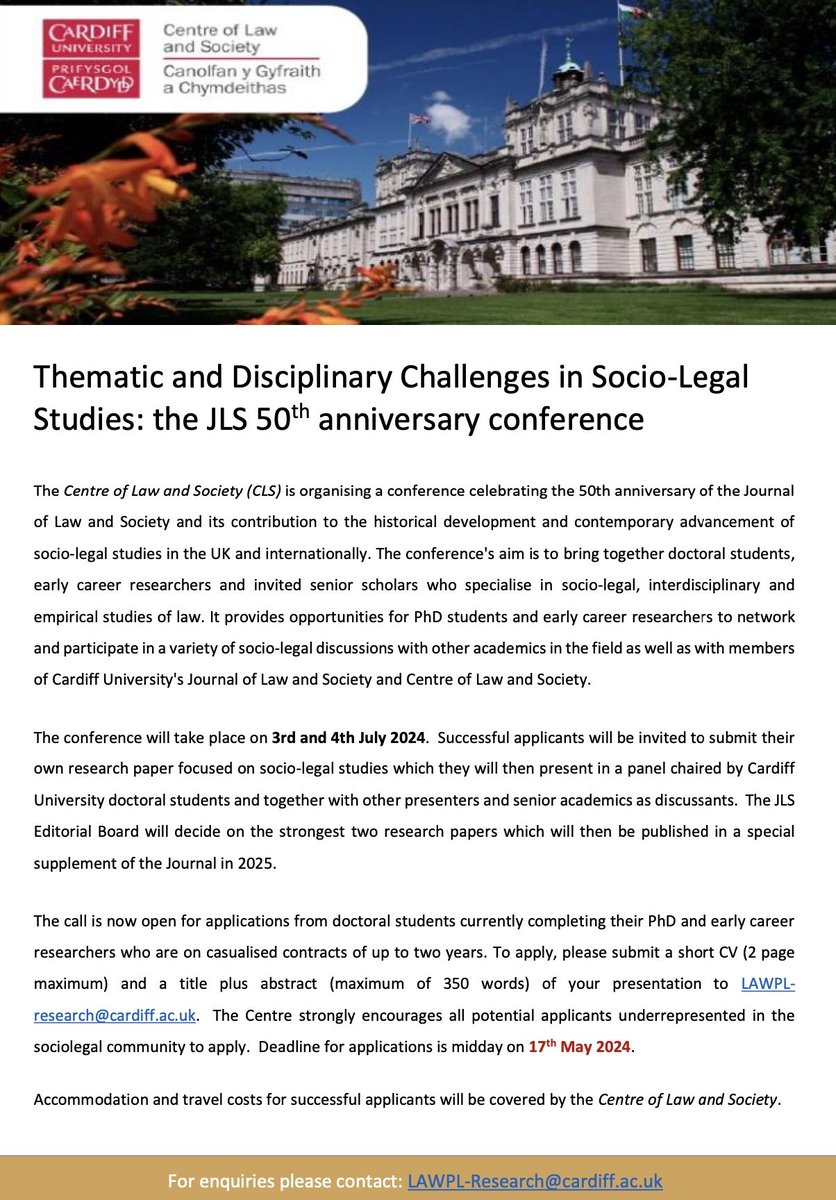 CLS_Cardiff's tweet image. This is a unique opportunity for PhD students and early career scholars to join the CLS and JLS in Cardiff in July. @CLS_Cardiff @CardiffLaw @LindaMulcahy7 @OxfordCSLS @JournLawSociety