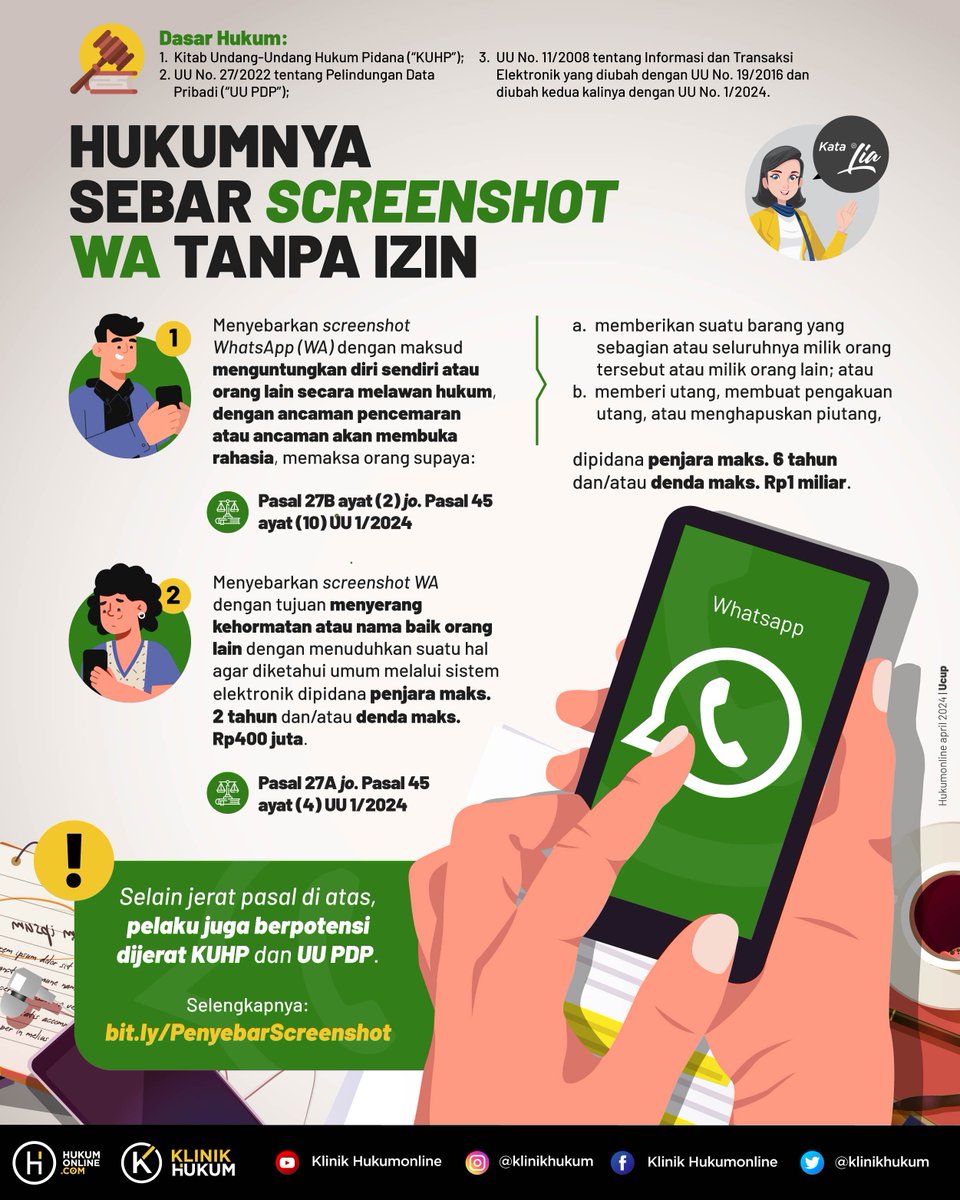 klinikhukum's tweet photo. Hayo ngaku siapa nih yang suka nyebar screenshot whatsapp tanpa izin? Ternyata ada jerat hukumnya lho! Yuk simak penjelasan infografis berikut #BiarMakinPaham

Selengkapnya: https://t.co/b1pWso5UxP

#Hukumonline #KlinikHukum #MelekHukum #InfografisHukum #Whatsapp #Screenshot https://t.co/PFJFZIBi7y