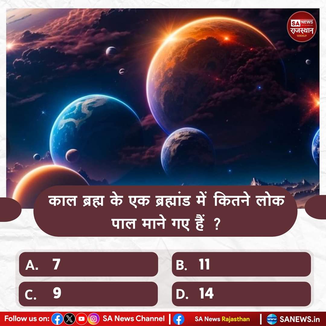 #GodNightWednesday #PollOfTheDay 
काल ब्रह्म के एक ब्रह्मांड में कितने लोक पाल माने गए हैं ? 

A. 7
B. 11
C. 9
D. 14
अपना उत्तर हमे कमेंट बॉक्स में बताए।
#CSKvsLSG #CryptoRevolution