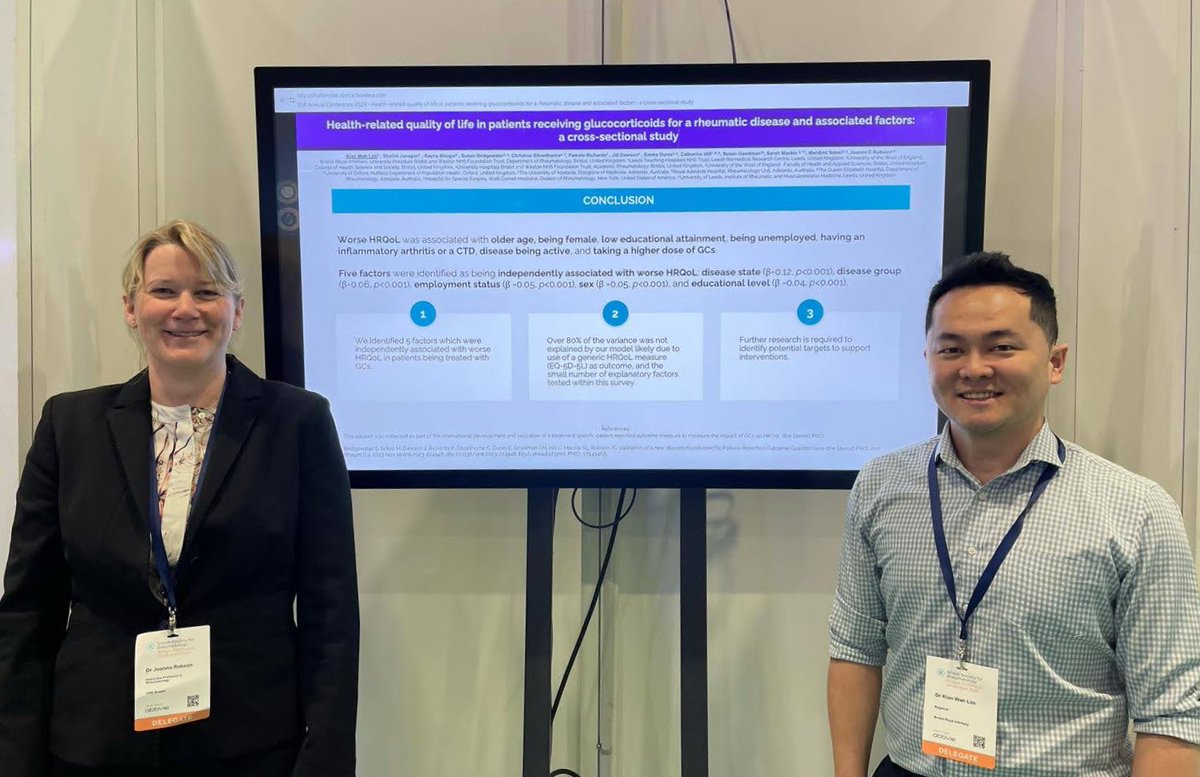 Our poster presented at the #BSR24 conference today We identified 5 key factors influencing quality of life in patients receiving glucocorticoids for a rheumatic disease More research is needed to explore additional targets for interventions More: doi.org/10.1093/rheuma…