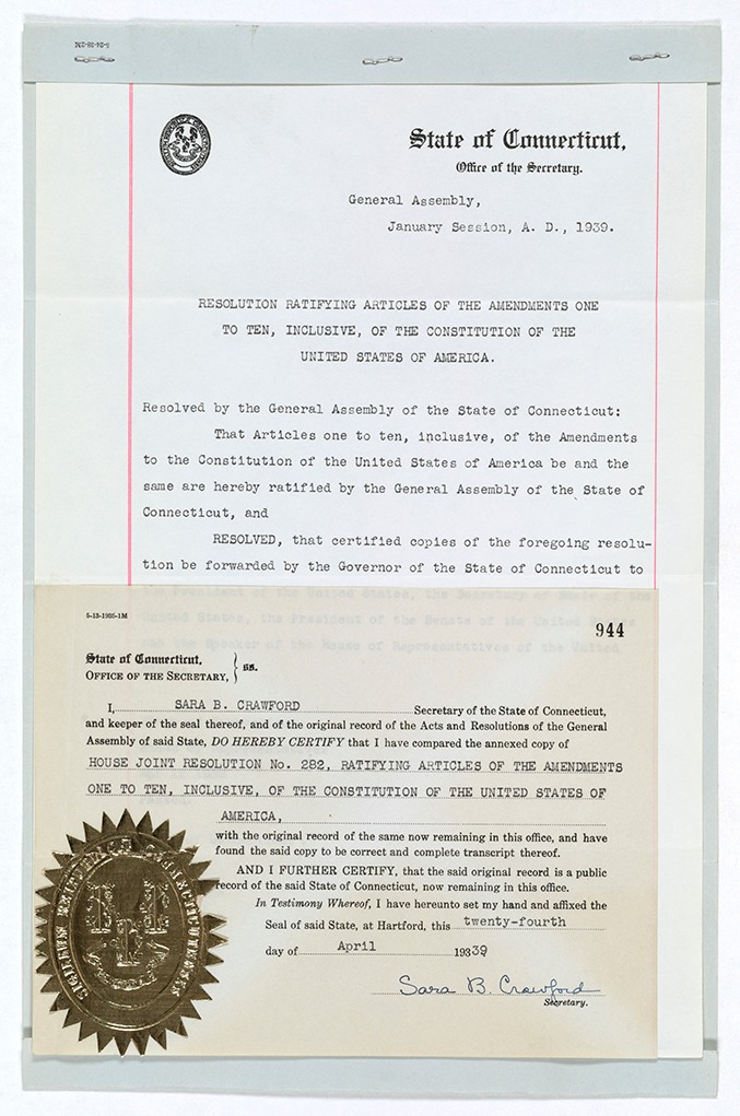 To mark the 150th anniversary of the Constitution, #CT symbolically ratified the Bill of Rights #OTD in 1939. #RecordsSearch #HouseRecords loom.ly/vz1wyVs