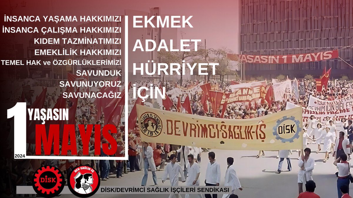 Ekmek, Adalet ve Hürriyet için
İnsanca yaşam hakkımızı,kıdem tazminatı hakkımızı, temel hak ve özgürlüklerimizi savunduk,. savunuyoruz, savunacağız! 
 #Haydi1Mayıs'a !
#TaksimŞimdi
#DemokrasiŞimdi