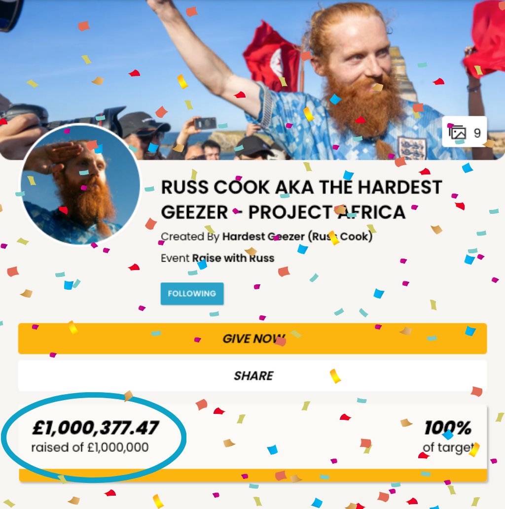 He's only gone and done it 🎉💪 Big shoutout to @huel for giving @hardestgeezer the final push! givestar.io/gs/PROJECTAFRI… #ProjectAfrica #HardestGeezer #GetRussto1Mil #givestar