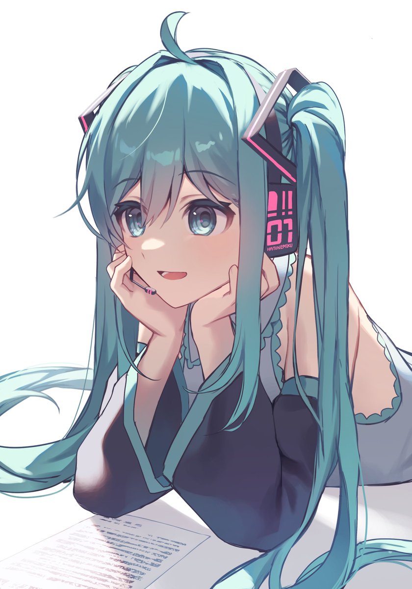 hatsune miku 1girl solo long hair smile open mouth simple background shirt  illustration images
