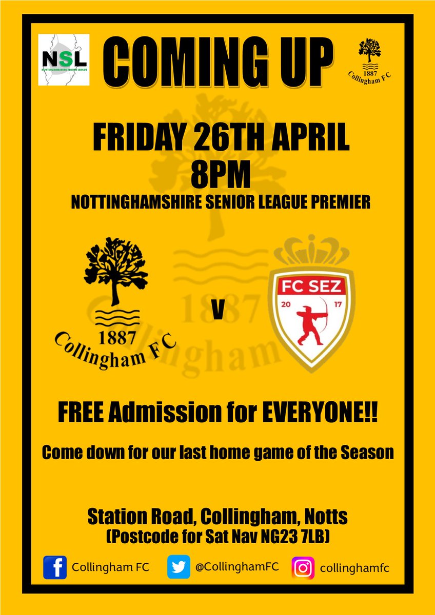 ⚫️🟡⏭️COMING UP ⏭️⚫️🟡 It's our final @NottsSeniorLge home game of the Season this Friday as @FCSez are the visitors. ⚽ENTRY IS COMPLETELY FREE FOR EVERYONE!!⚽
