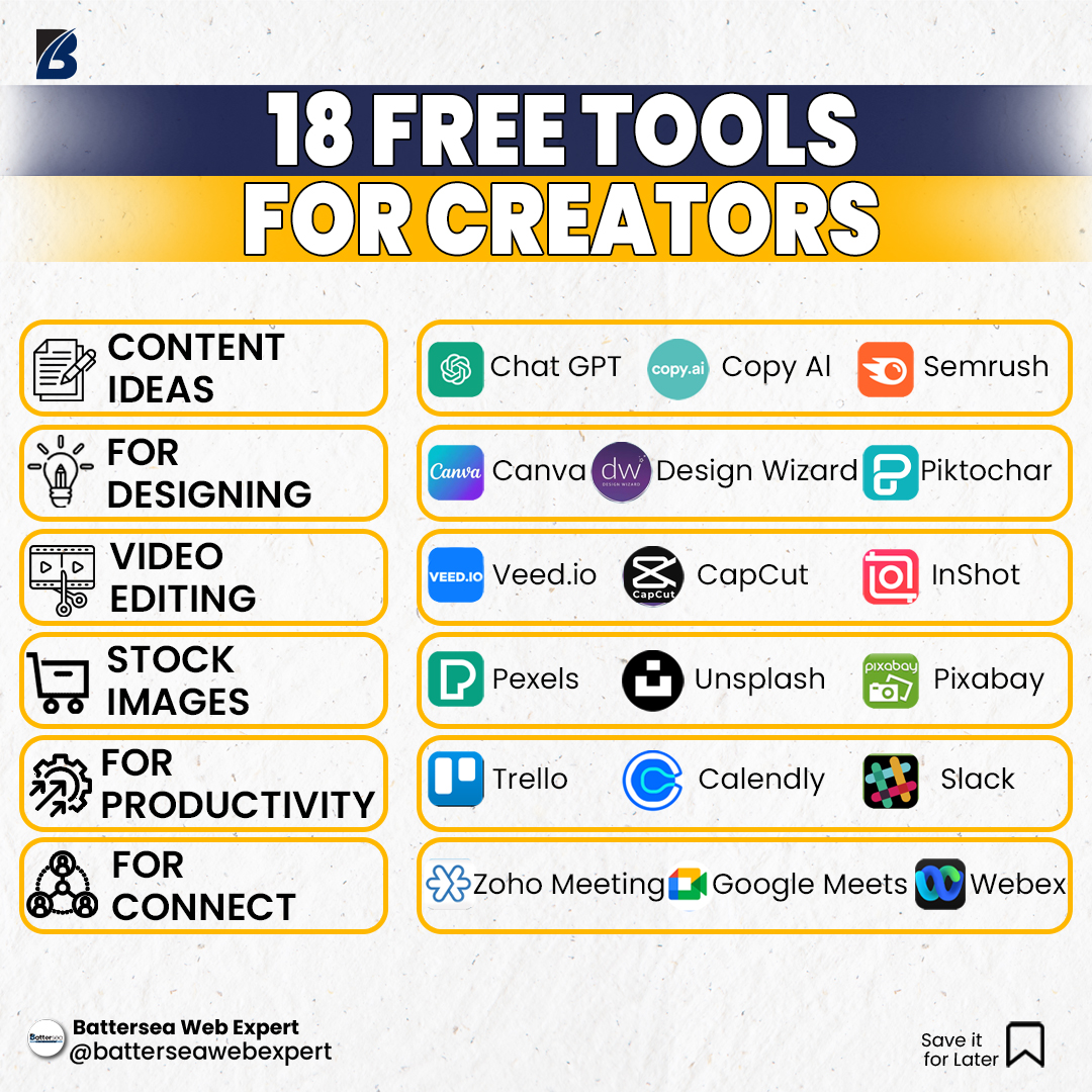 Here's a virtual toolbox filled with 18 free tools for creators

And the best part? They're all completely free

💛 follow @BatterseaWeb 

#instagramtools #aitools #AI #tools #socialmediatips #socialmediatools #contentcreators #videocreation #graphicdesigning #batterseawebexpert