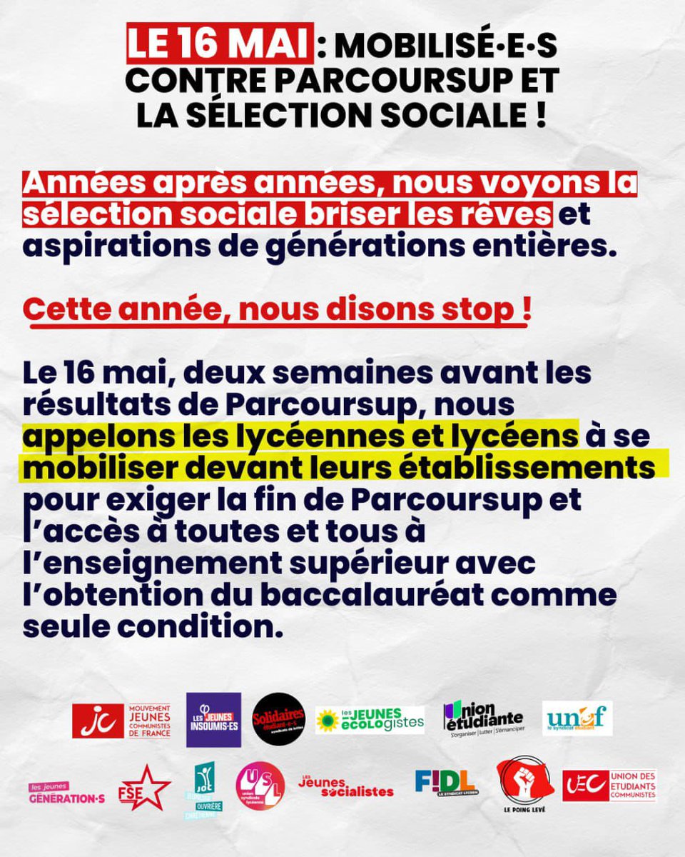 🔴 Contre la machine #Parcoursup, bloquons nos lycées le 16 mai !

Notre communiqué commun de la jeunesse ⤵️