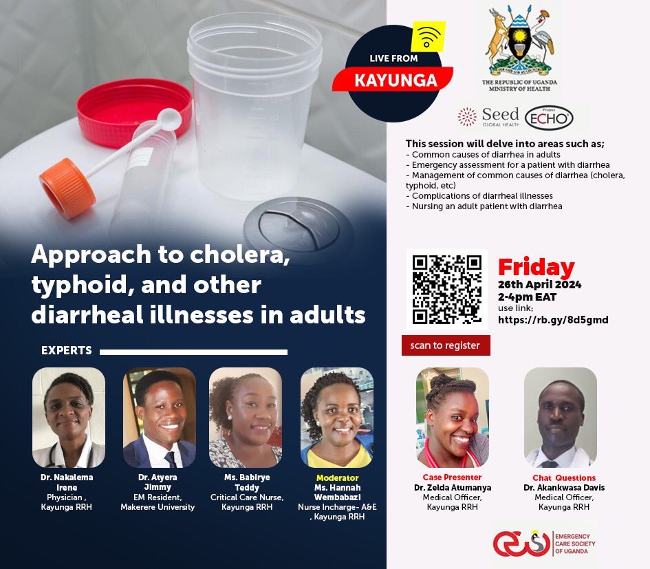 📌Approach to cholera, typhoid, & other diarrheal illnesses in adults. 🗓️This Friday 26th of April, 2024 ⏰ Time: 2 - 4 pm Register in advance via: echo.zoom.us/meeting/regist…