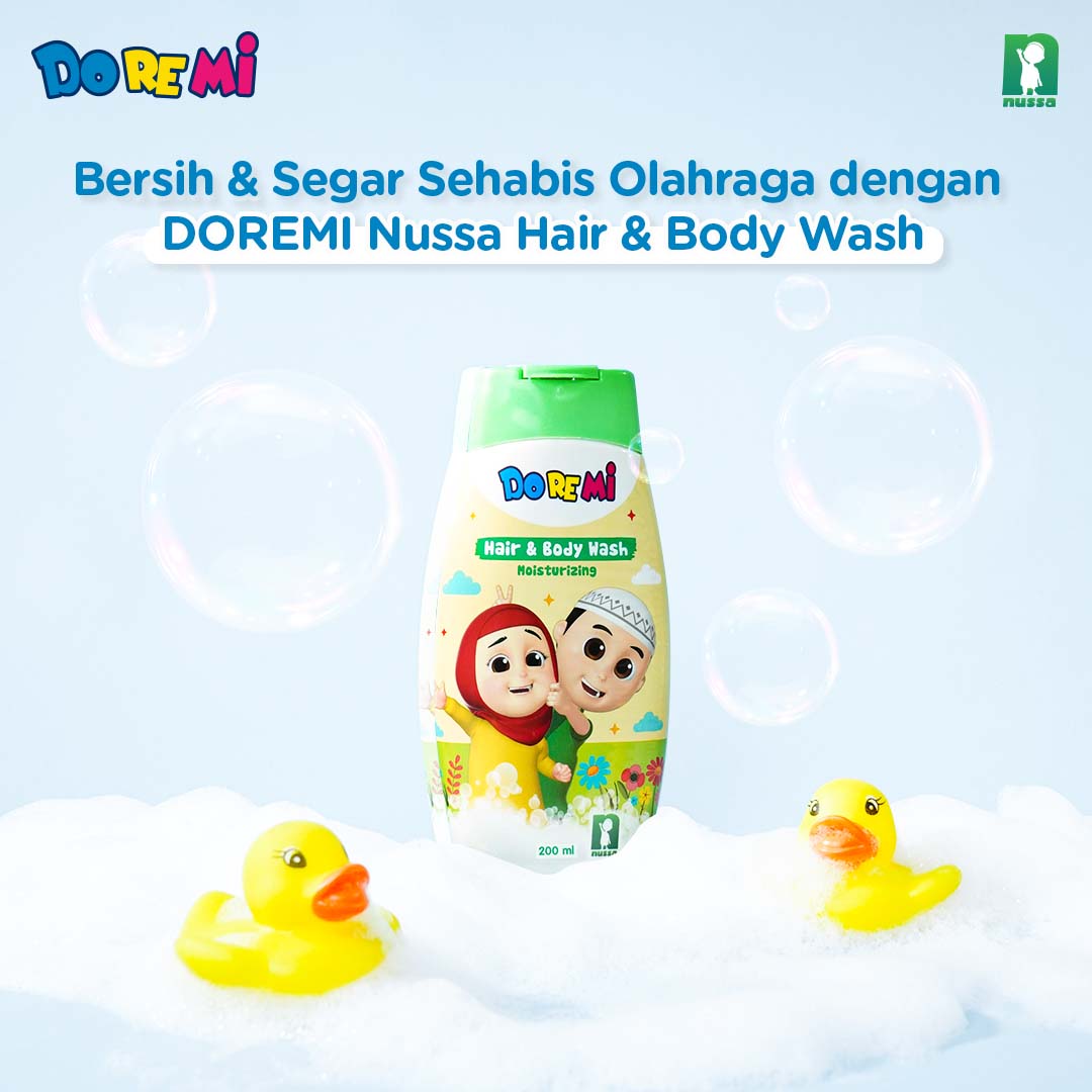 Olahraga gak cuma bikin sehat tapi juga baik untuk tumbuh kembang Si Kecil. 💪 Jangan lupa mandi pakai DOREMI Nussa Hair & Body Wash Moisturizing biar Si Kecil senantiasa bersih dan segar setelah keringetan habis olahraga. 🫧 #DOREMI #DOREMINussa #DOREMIPilihanHalal