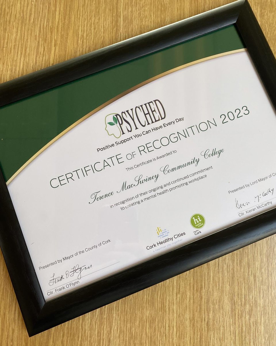 Congratulations to Mr. O’Neill & the Well being team Angela, Ms. Healy & Ms. Nagle who received the Psyched Certificate of Recognition for their ongoing & continued commitment to creating a mental health promoting workplace in collaboration with Health Promoting Unit of the HSE