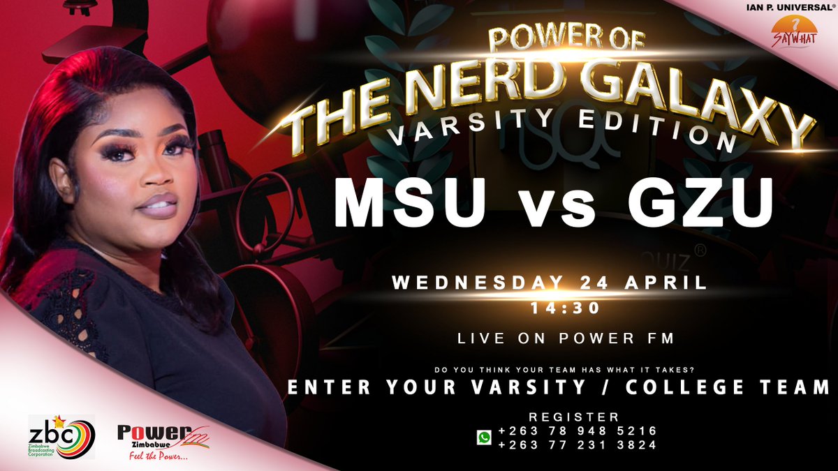 Catch @MidlandsState take on Great Zimbabwe University on @powerfmzimbabwe for the Nerd Galaxy Varsity Quiz Edition at 2:30pm courtesy of IAN P UNIVERSAL. These two will meet at the Studio of Choice for the SAYWHAT Quiz Challenge in May. Don't Miss It. #quiz