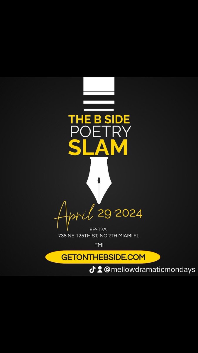 MDMMIAMI's tweet photo. THE B SIDE SLAM
A National Poetry Month 
Celebration 
Monday April 29th
@MellowDramaticMondays Inside 
@the_katz_miami 

7 Poets
5 Judges
3 Rounds
3 Winners

Doors Open @ 8pm 
SLAM @9pm

FMI &amp; TICKETS https://t.co/a7zftLlGDn https://t.co/v5H35WFjXn
