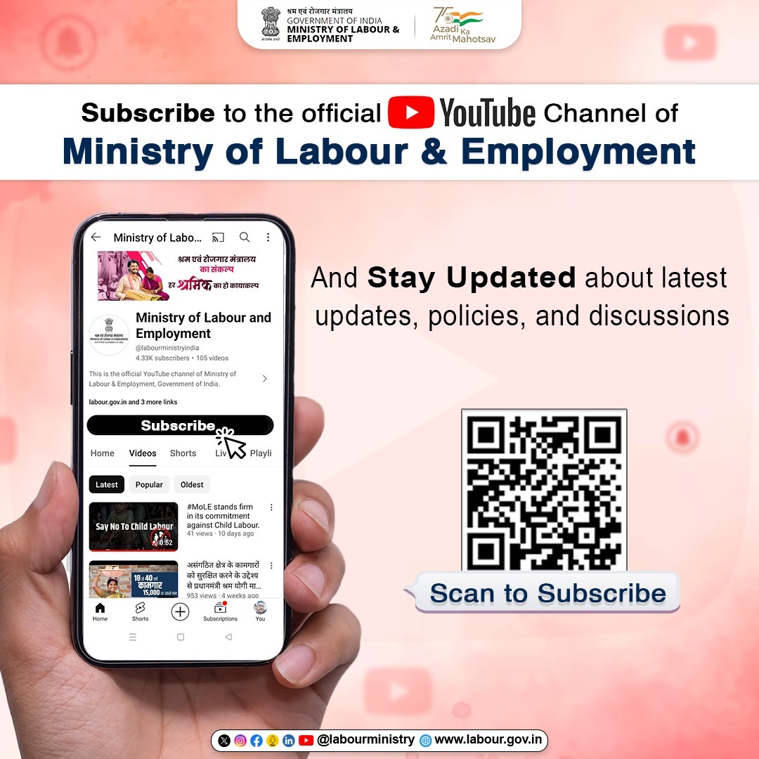 Stay informed, stay empowered! Subscribe to the #MoLE official #YouTube channel for the latest updates on Labour laws. Scan the QR code or visit youtube.com/@labourministr… now! #LabourMinistryIndia #Employment