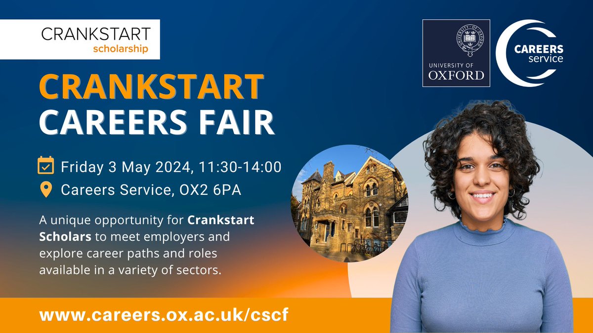 Crankstart Scholars and other bursary holders at Oxford are invited to sign up for the Crankstart Careers Fair 2024 📅 Friday 3 May ⌚ 11:30-14:00 📍 @OxfordCareers Meet employers from a variety of organisations and chat to Oxford careers advisers 👉 careers.ox.ac.uk/cscf