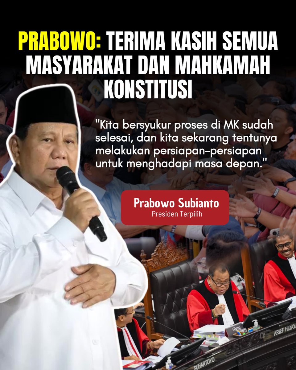 puji sukur proses persidangan di MK sudah selesai dan seluruh pihak menerimanya dengan lapang dada. 

#PrabowoPresiden